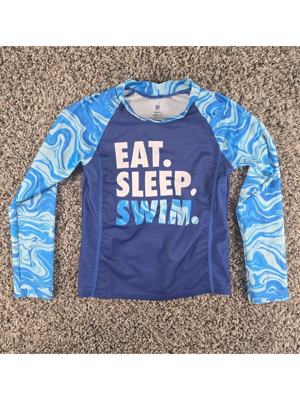 Juice Box Kids Sz S Long Sleeve Rash-guard Swimsuit Top Blue Eat Sleep Swim